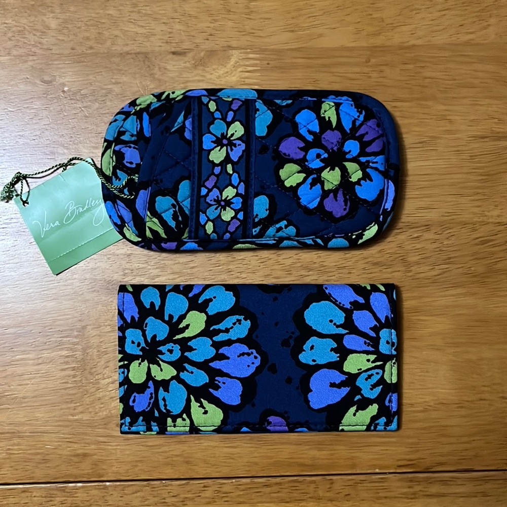 Vera Bradley Double Eye Glasses Case Checkbook Cover Wallet Indigo Pop 2Pc Set